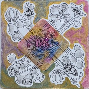 Zentangle ZIA werkstuk tijdens de online zomercursus van ACT2Tangle Materialen uit het pakket van de Zentangle ZIA zomercursus